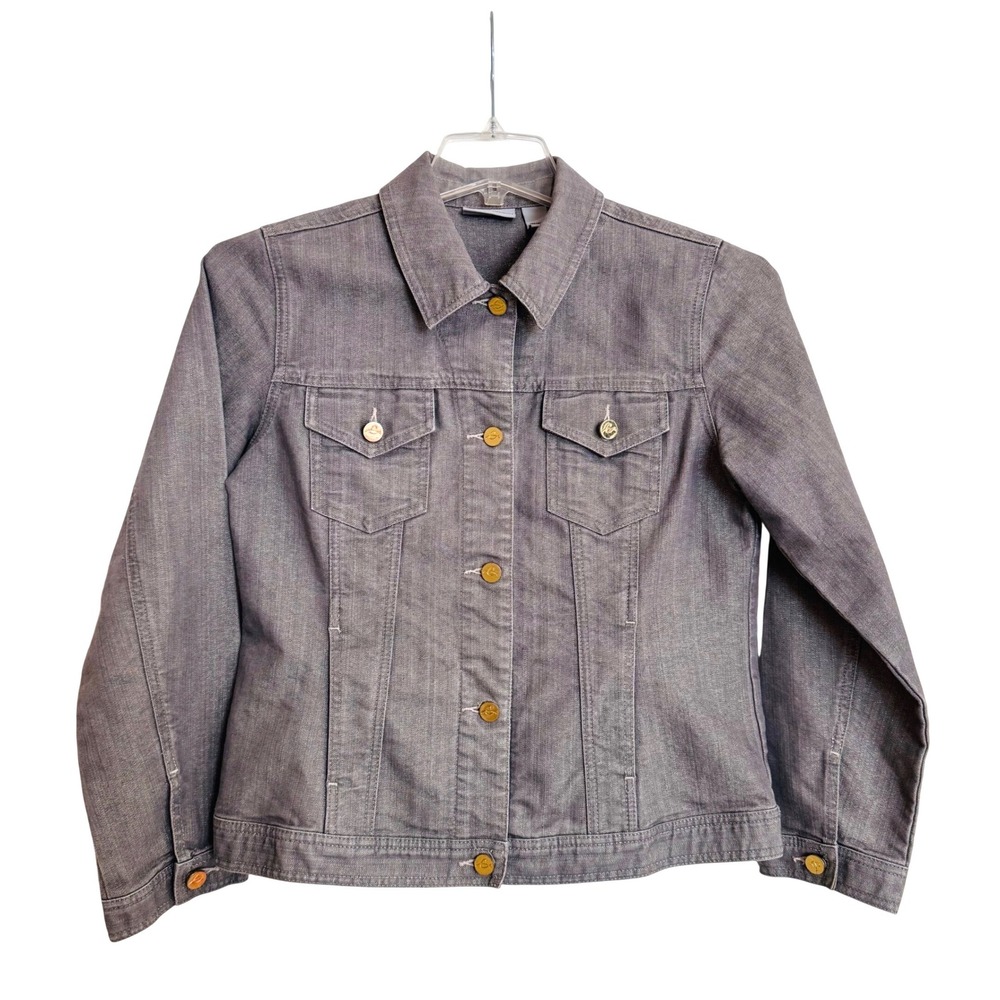 Chicos Denim Trucker Jacket Grey Metallic Gold Size 1 Womens Medium